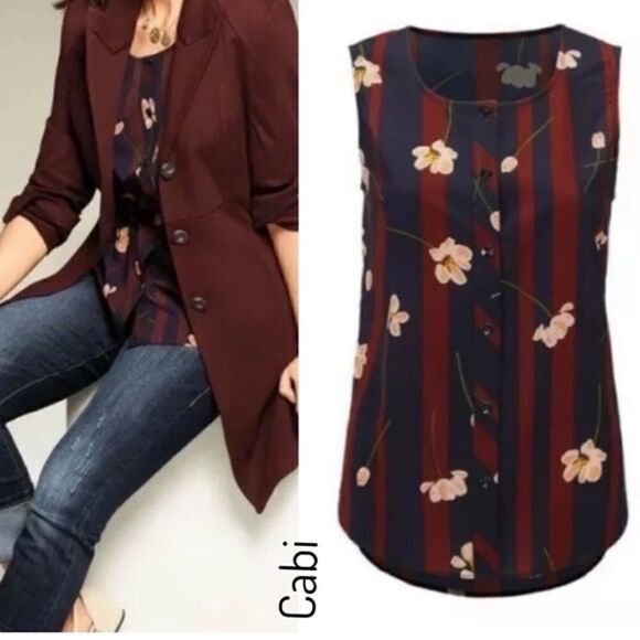 Cabi-sleeveless Floral Stripe Button Down Blouse (Size:Medium) - Picture 3 of 8